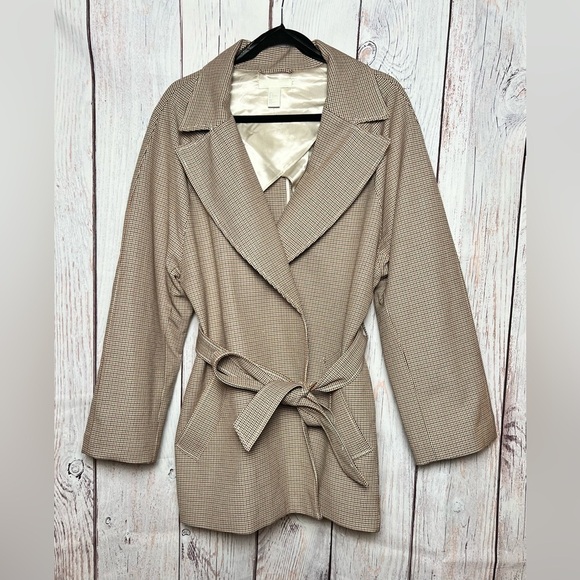 H&M Houndstooth Short Trench Coat Light Beige Size: L - Picture 2 of 13